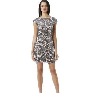 Adrianna Papel Gunmetal Sequin Paisley Pattern Chiffon Shift Dress Sz 14